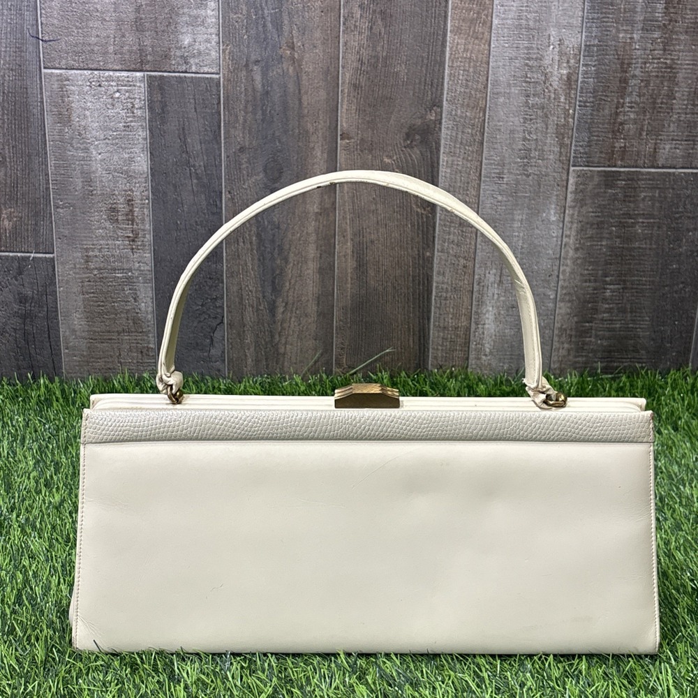 Vintage Palizzio New York Ivory Leather Handbag Top Handle Purse Gold Tone